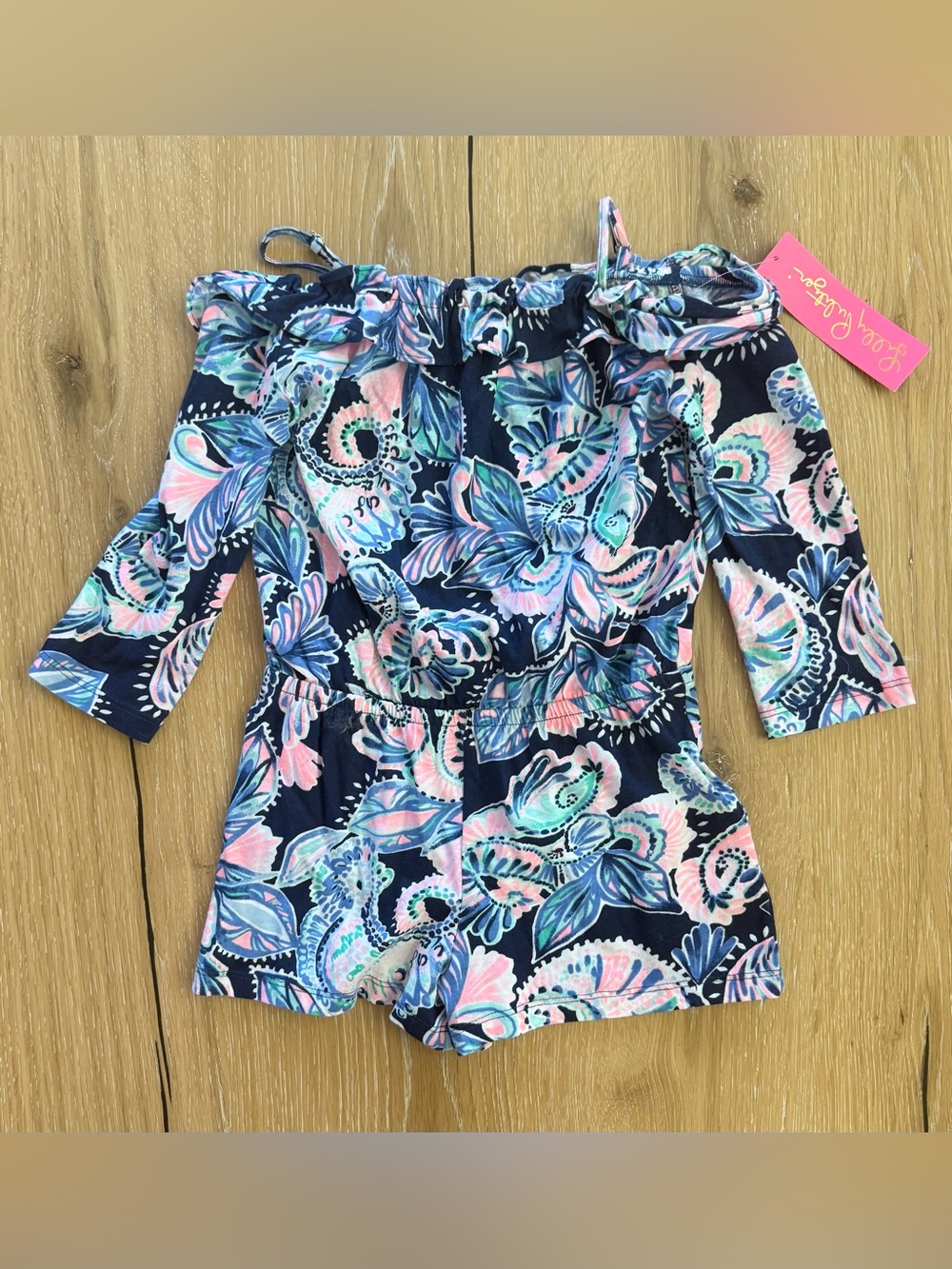 Navy Floral Off-Shoulder Romper with Pink & Teal Accents